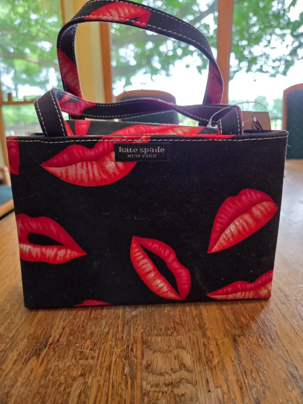 Vintage Kate Spade Black Canvas Red Lips Print Mini Tote Bag  8x6 Small